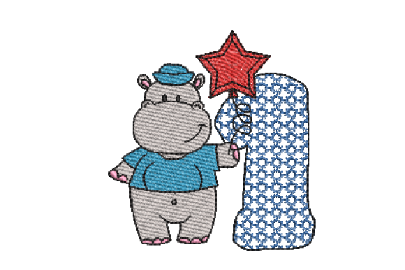 Number 1 Cute Hippo Embroidery Design